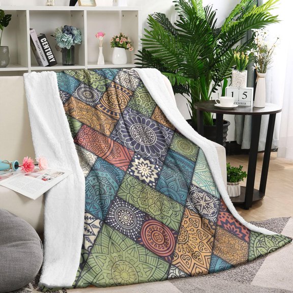 Multicolor Ethnic Geometric Patchwork Pattern Blanket,Comfortable Soft Flannel Throw Blanket,All Season,Warm Lightweight Blankets for Sofa Bed Couch Living Room Chair,60"x80"