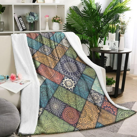 Multicolor Ethnic Geometric Patchwork Pattern Blanket,Comfortable Soft Flannel Throw Blanket,All Season,Warm Lightweight Blankets for Sofa Bed Couch Living Room Chair,40"x50"