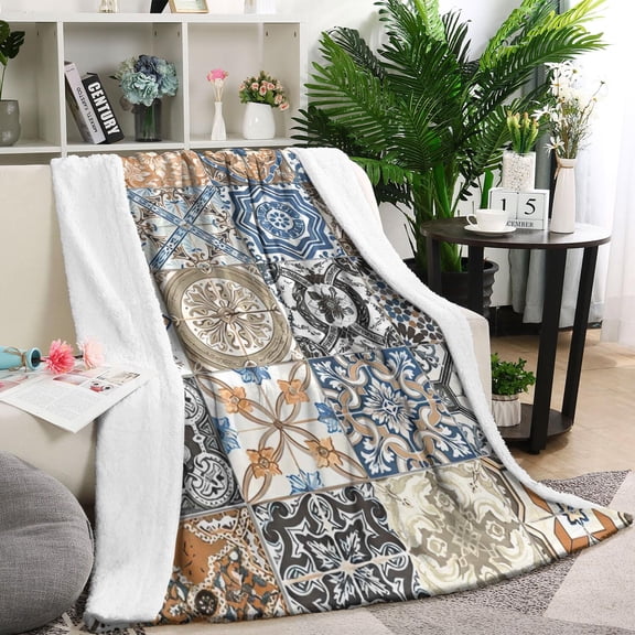 Multicolor Ethnic Geometric Patchwork Pattern Blanket,Comfortable Soft Flannel Throw Blanket,All Season,Warm Lightweight Blankets for Sofa Bed Couch Living Room Chair,60"x80"