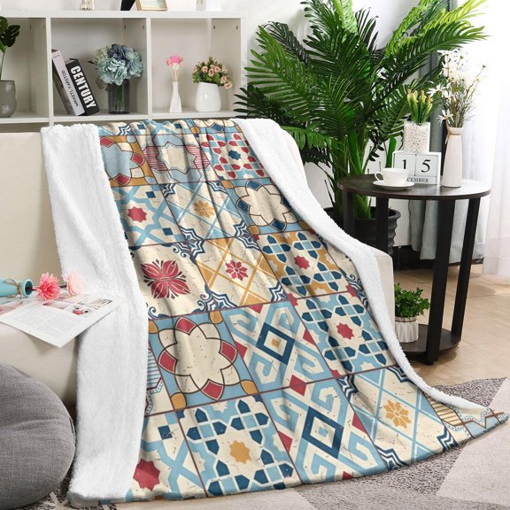 Multicolor Ethnic Geometric Patchwork Pattern Blanket,Comfortable Soft Flannel Throw Blanket,All Season,Warm Lightweight Blankets for Sofa Bed Couch Living Room Chair,60"x80"
