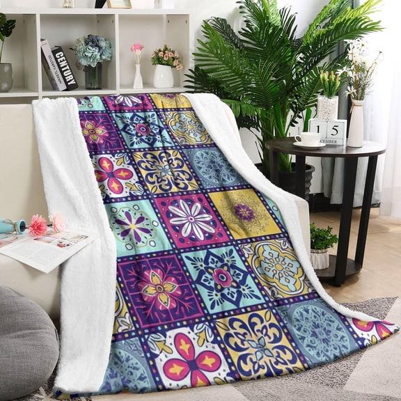 Multicolor Ethnic Geometric Patchwork Pattern Blanket,Comfortable Soft Flannel Throw Blanket,All Season,Warm Lightweight Blankets for Sofa Bed Couch Living Room Chair,60"x80"