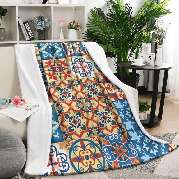 Multicolor Ethnic Geometric Patchwork Pattern Blanket,Comfortable Soft Flannel Throw Blanket,All Season,Warm Lightweight Blankets for Sofa Bed Couch Living Room Chair,50"x60"