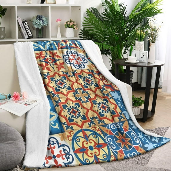 Multicolor Ethnic Geometric Patchwork Pattern Blanket,Comfortable Soft Lamb Wool Throw Blanket,All Season,Warm Lightweight Blankets for Sofa Bed Couch Living Room Chair,60"x80"