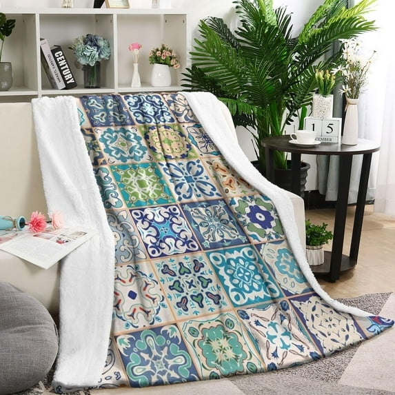 Multicolor Ethnic Geometric Patchwork Pattern Blanket,Comfortable Soft Lamb Wool Throw Blanket,All Season,Warm Lightweight Blankets for Sofa Bed Couch Living Room Chair,60"x80"