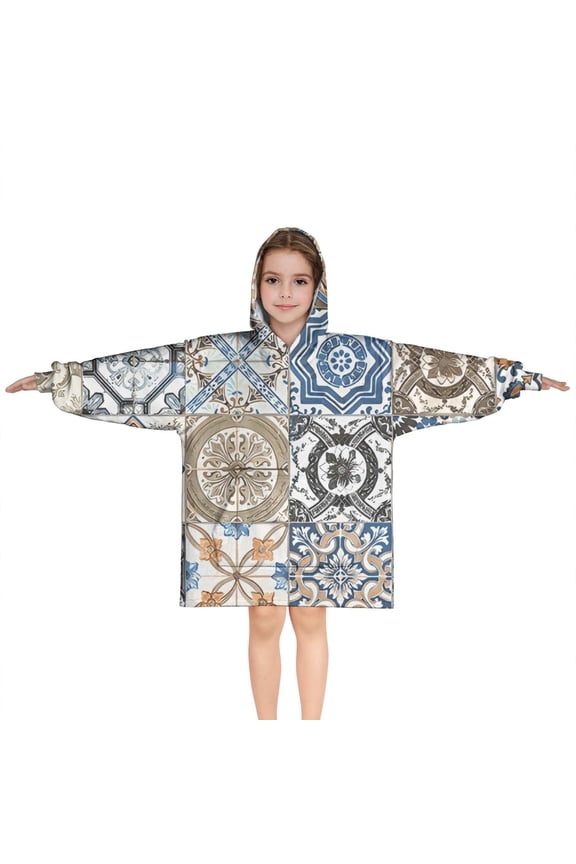 Multicolor Ethnic Geometric Patchwork Pattern Blanket Hoodies for Kids 6-13YR Oversize Wearable Blanket Hoodies for Boys Girls Teens