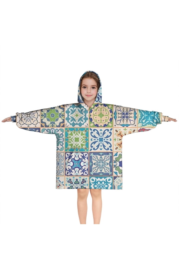 Multicolor Ethnic Geometric Patchwork Pattern Blanket Hoodies for Kids 6-13YR Oversize Wearable Blanket Hoodies for Boys Girls Teens