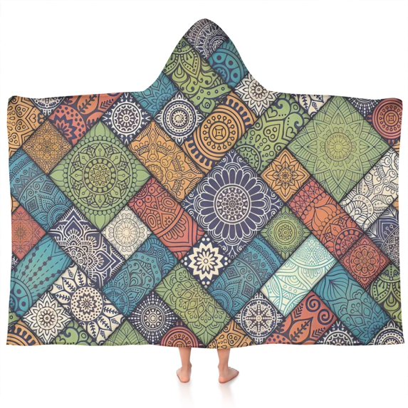 Multicolor Ethnic Geometric Patchwork Pattern Hooded Bath Towel，60"x35" for Ages 3 To 12 Kids, Quick Dry Lightweight Soft Microfiber Hood Beach Towel Cover Up for Kids