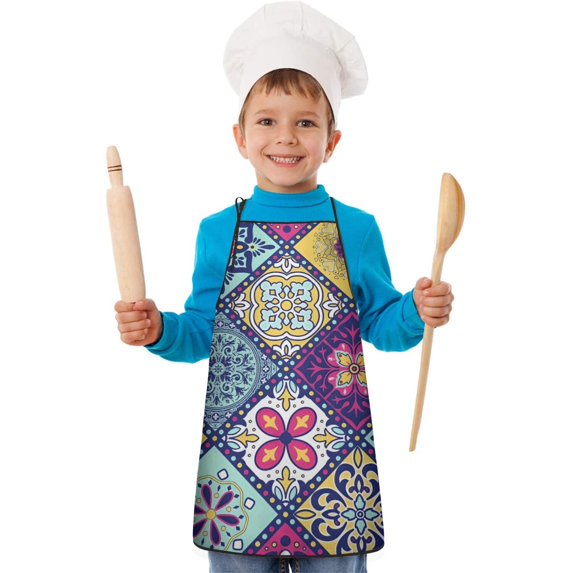 Multicolor Ethnic Geometric Patchwork Pattern Kids Aprons for Girls and Boys,Adjustable Neck Strap Toddler Aprons for Kids Cooking Baking