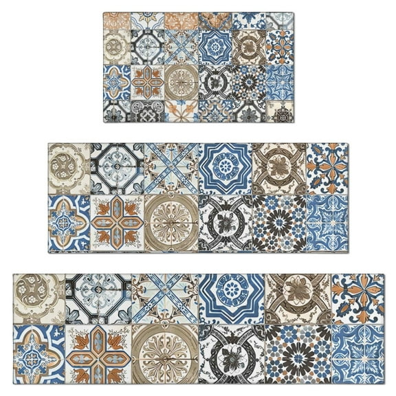 Multicolor Ethnic Geometric Patchwork Pattern Kitchen Rugs Sets Of 3,Kitchen Runner Rugs Non Skid Washable,Decorative Kitchen Floor Mats for Kitchen,Sink,Laundry,17"x30"+ 17"x47" + 17"x59"