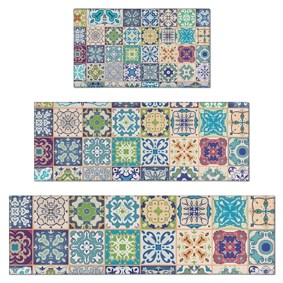 Multicolor Ethnic Geometric Patchwork Pattern Kitchen Rugs Sets Of 3,Kitchen Runner Rugs Non Skid Washable,Decorative Kitchen Floor Mats for Kitchen,Sink,Laundry,17"x30"+ 17"x47" + 17"x59"