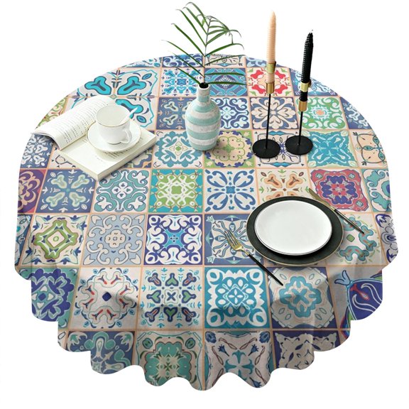 Multicolor Ethnic Geometric Patchwork Pattern Round Tablecloth 60"x60",Wrinkle Wipeable Table Cloth for Kitchen Dining Room Picnic Patio Party