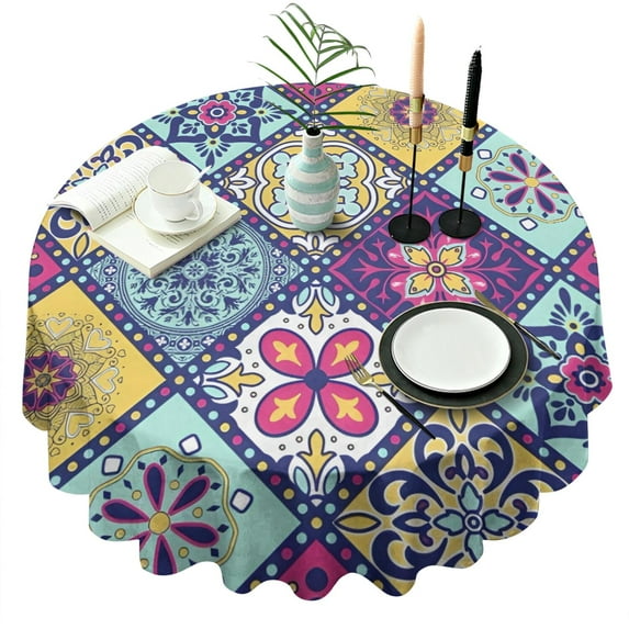 Multicolor Ethnic Geometric Patchwork Pattern Round Tablecloth 60"x60",Wrinkle Wipeable Table Cloth for Kitchen Dining Room Picnic Patio Party