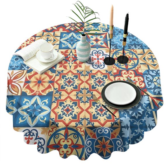 Multicolor Ethnic Geometric Patchwork Pattern Round Tablecloth 60"x60",Wrinkle Wipeable Table Cloth for Kitchen Dining Room Picnic Patio Party