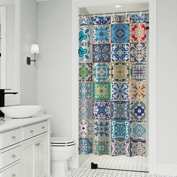 Multicolor Ethnic Geometric Patchwork Pattern Shower Curtain 36"x72" ,Bathroom Decorative Shower Curtains Set with 12 Hooks,Modern Waterproof Washable Shower Curtain