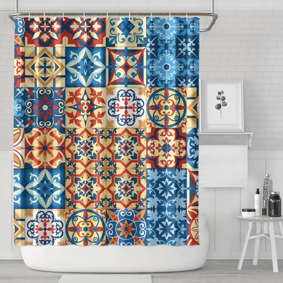 Multicolor Ethnic Geometric Patchwork Pattern Shower Curtain 72"x84" ,Bathroom Decorative Shower Curtains Set with 12 Hooks,Modern Waterproof Washable Shower Curtain