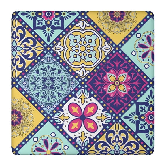 Multicolor Ethnic Geometric Patchwork Pattern Square Fitted Tablecloth with Elastic Edge,Square Table Cover,Washable Elastic Table Cover for Home Kitchen Party Decor 36"x36"