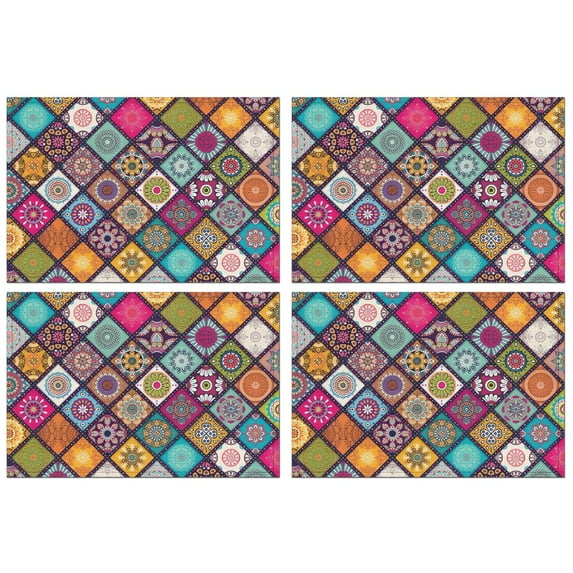 Multicolor Ethnic Geometric Patchwork Pattern Summer Placemats Table Placemats Set Of 4-Linen Kitchen Washable Placemats Table Mats 11.8"x17.7" Non-Slip Heat Resistant