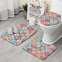 Multicolor Ethnic Geometric Pattern Bathroom Rugs Sets 3 Piece,Toilet Cover Set,Absorbent Non Slip Bathroom Mats Sets with U-Shaped Contour Rug Toilet Rug Set