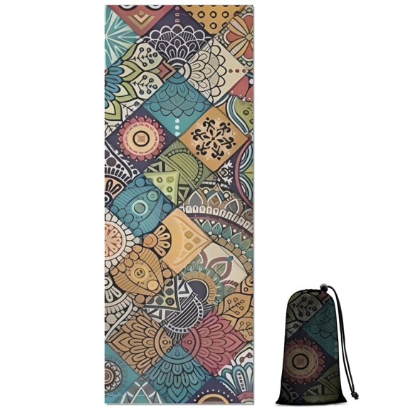 Multicolor Ethnic Geometric Pattern Hot Yoga Mat Towel Non Slip for Hot Yoga - Quick-Drying Yoga Mat Cover with 4 Corner Pockets with Travel Bag - Hot Yoga Towel Non Slip 70"x26"