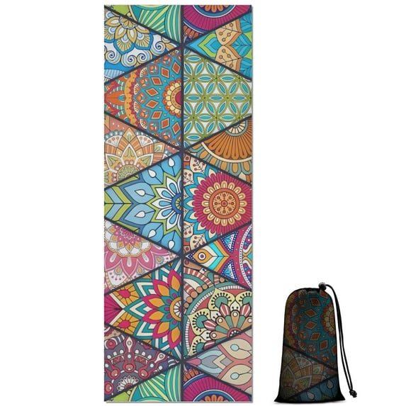 Multicolor Ethnic Geometric Pattern Hot Yoga Mat Towel Non Slip for Hot Yoga - Quick-Drying Yoga Mat Cover with 4 Corner Pockets with Travel Bag - Hot Yoga Towel Non Slip 74"x26"