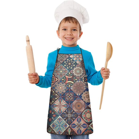Multicolor Ethnic Geometric Pattern Kids Aprons for Girls and Boys,Adjustable Neck Strap Toddler Aprons for Kids Cooking Baking