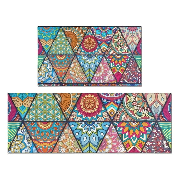 Multicolor Ethnic Geometric Pattern Kitchen Rugs Sets Of 2,Anti Fatigue Kitchen Mat Rugs Non Slip Washable,Decorative Kitchen Floor Mats for Kitchen,Sink,Laundry,17"x30"+17"x47"