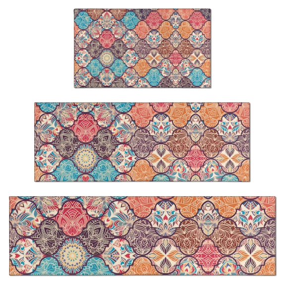 Multicolor Ethnic Geometric Pattern Kitchen Rugs Sets Of 3,Kitchen Runner Rugs Non Skid Washable,Decorative Kitchen Floor Mats for Kitchen,Sink,Laundry,17"x30"+ 17"x47" + 17"x59"