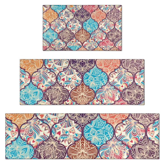 Multicolor Ethnic Geometric Pattern Kitchen Rugs Sets Of 3,Kitchen Runner Rugs Non Skid Washable,Decorative Kitchen Floor Mats for Kitchen,Sink,Laundry,17"x30"+ 17"x47" + 17"x59"