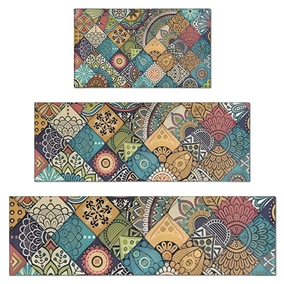 Multicolor Ethnic Geometric Pattern Kitchen Rugs Sets Of 3,Kitchen Runner Rugs Non Skid Washable,Decorative Kitchen Floor Mats for Kitchen,Sink,Laundry,17"x30"+ 17"x47" + 17"x59"