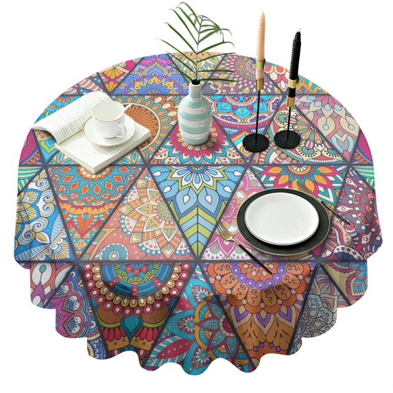 Multicolor Ethnic Geometric Pattern Round Tablecloth 60"x60",Wrinkle Wipeable Table Cloth for Kitchen Dining Room Picnic Patio Party