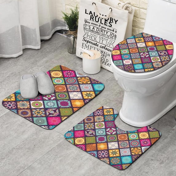 Multicolor Ethnic Mandala Pattern Bathroom Rugs Sets 3 Piece,Toilet Cover Set,Absorbent Non Slip Bathroom Mats Sets with U-Shaped Contour Rug Toilet Rug Set