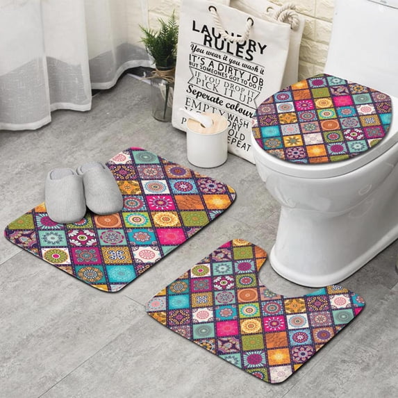 Multicolor Ethnic Mandala Pattern Bathroom Rugs Sets 3 Piece,Toilet Cover Set,Absorbent Non Slip Bathroom Mats Sets with U-Shaped Contour Rug Toilet Rug Set