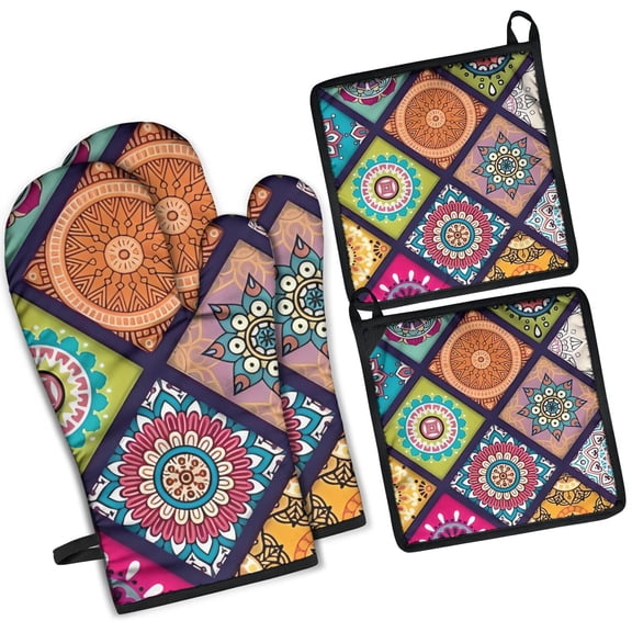 Multicolor Ethnic Mandala Pattern Kitchen Oven Mitt and Pot Holder Sets 2 Pcs for Baking, Cooking and Grilling, Heat Resistant Up To 392 °F