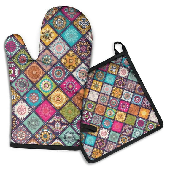 Multicolor Ethnic Mandala Pattern Kitchen Oven Mitt and Pot Holder Sets 2 Pcs for Baking, Cooking and Grilling, Heat Resistant Up To 392 °F