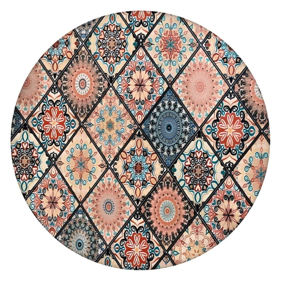 Multicolor Ethnic Mandala Pattern Round Fitted Tablecloth with Elastic Edge,Dining Table Cover Waterproof,Outdoor Round Tablecloth for Camping,Dining,Indoor and Outdoor