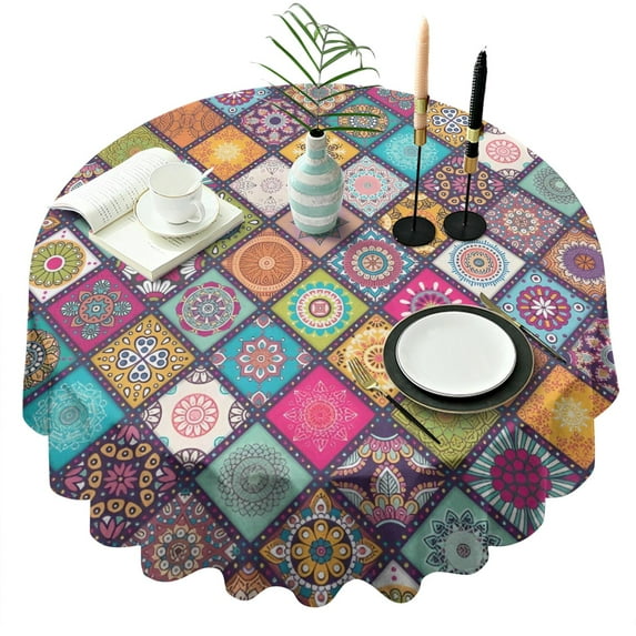 Multicolor Ethnic Mandala Pattern Round Tablecloth 60"x60",Wrinkle Wipeable Table Cloth for Kitchen Dining Room Picnic Patio Party