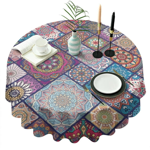 Multicolor Ethnic Mandala Pattern Round Tablecloth 60"x60",Wrinkle Wipeable Table Cloth for Kitchen Dining Room Picnic Patio Party