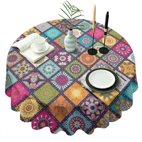 Multicolor Ethnic Mandala Pattern Round Tablecloth 60"x60",Wrinkle Wipeable Table Cloth for Kitchen Dining Room Picnic Patio Party