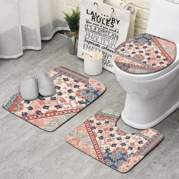 Multicolor Ethnic Patchwork Pattern Bathroom Rugs Sets 3 Piece,Toilet Cover Set,Absorbent Non Slip Bathroom Mats Sets with U-Shaped Contour Rug Toilet Rug Set