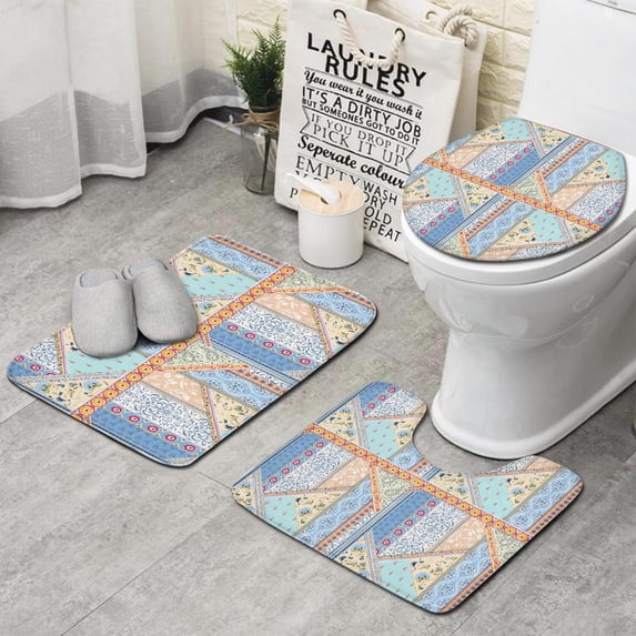 Multicolor Ethnic Striped Pattern Bathroom Rugs Sets 3 Piece,Toilet Cover Set,Absorbent Non Slip Bathroom Mats Sets with U-Shaped Contour Rug Toilet Rug Set