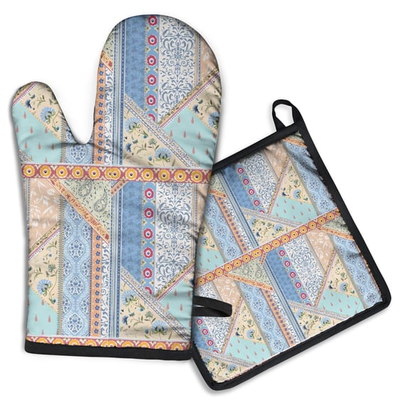 Multicolor Ethnic Striped Pattern Kitchen Oven Mitt and Pot Holder Sets 4 Pcs for Baking, Cooking and Grilling, Heat Resistant Up To 392 °F