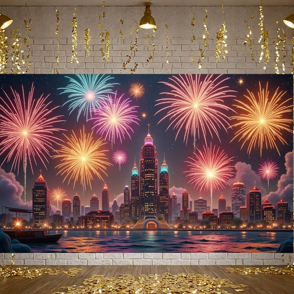 Multicolor Explosions Fireworks Display Urban Landscape City Night Backdrop Sparkling Display Night Scene Festival Background for New Year Party National Day Celebration Festival Event