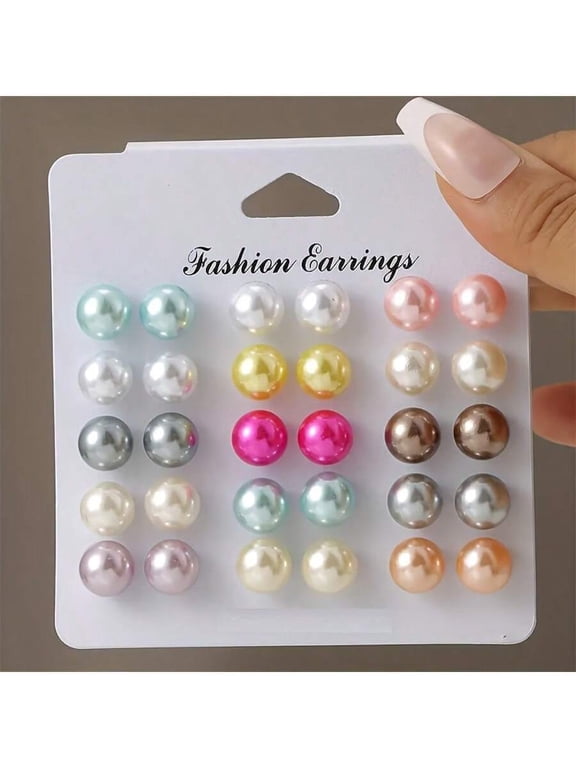 Multicolor Faux Pearl Stud Earrings Set - 18 Pairs Assorted Tones