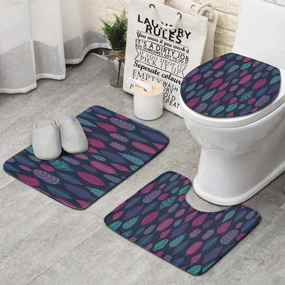 Multicolor Feather Pattern Bathroom Rugs Sets 3 Piece,Toilet Cover Set,Absorbent Non Slip Bathroom Mats Sets with U-Shaped Contour Rug Toilet Rug Set