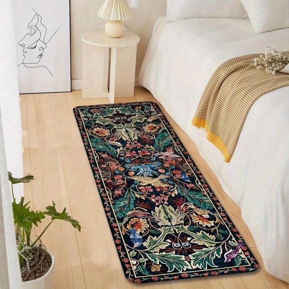 Multicolor Floral And Bird Print Runner Rug, Ultra-Soft Flannel, Non-Slip, Machine Washable For Bedroom Hallway