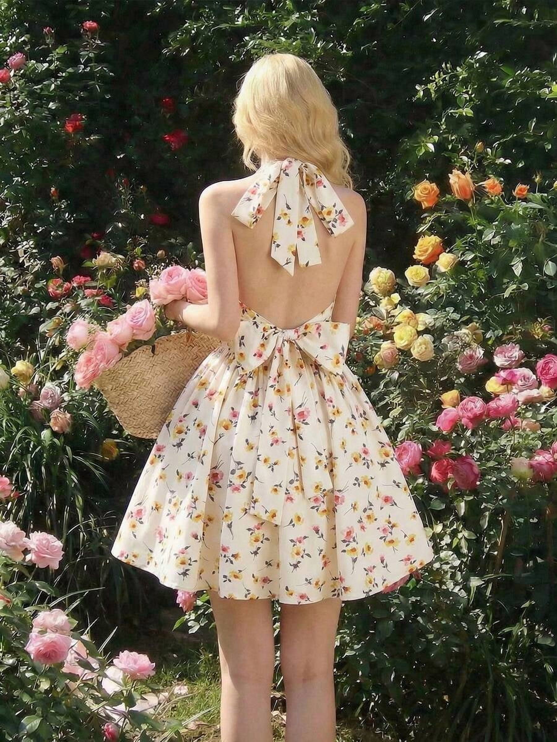 halter garden party dress Multicolor Floral Backless Mini With Bow Detail, Fit & Flare Silhouette, Dress 30% Off