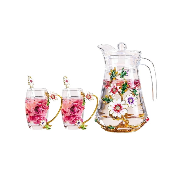 Multicolor Floral Enamel Glass Pitcher Set with 2 Cups & Spoons, Heat & Cold Resistant Beverage Server for Summer Home Iced Tea, Lemonade & Festival Gifts
