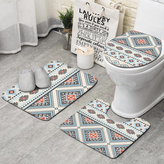 Multicolor Floral and Geometric Boho Pattern Bathroom Rugs Sets 3 Piece,Toilet Cover Set,Absorbent Non Slip Bathroom Mats Sets with U-Shaped Contour Rug Toilet Rug Set