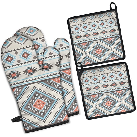 Multicolor Floral and Geometric Boho Pattern Kitchen Oven Mitt and Pot Holder Sets 2 Pcs for Baking, Cooking and Grilling, Heat Resistant Up To 392 °F