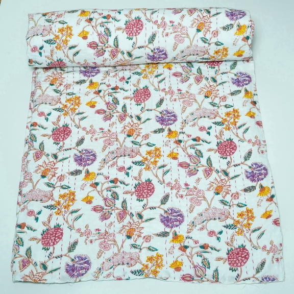 Multicolor Floral Indian Kantha Quilt â€“ Pure Cotton Block Print Bedspread, Colorful Pattern Quilt for All-Season Bedding